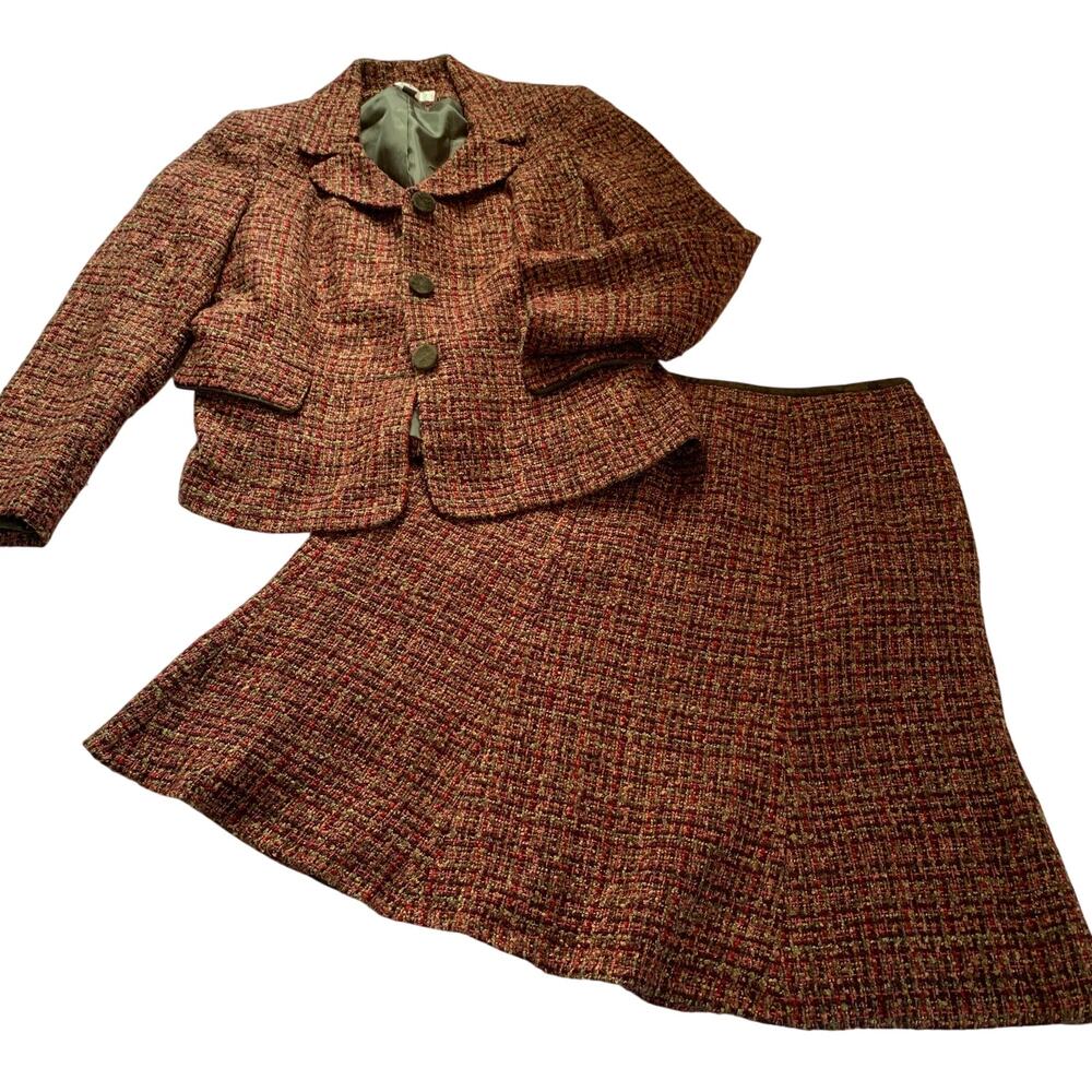Vintage Le Suit Boucle Tweed Skirt Suit 2 Pc Burgundy 14 Petite Knee Length 14P